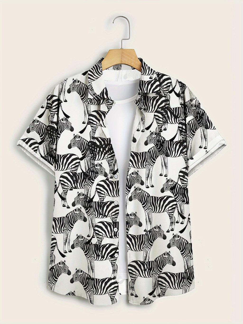 Men'S Zebra Print Short Sleeve Shirt - Bold Digital Animal Print, Summer Casual Semi-Formal Blouse, Suitable for Beach Outings And Office Wear