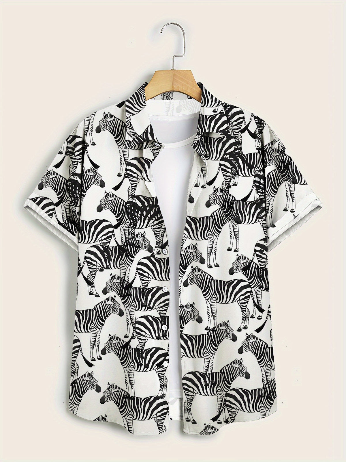 Men'S Zebra Print Short Sleeve Shirt - Bold Digital Animal Print, Summer Casual Semi-Formal Blouse, Suitable for Beach Outings And Office Wear