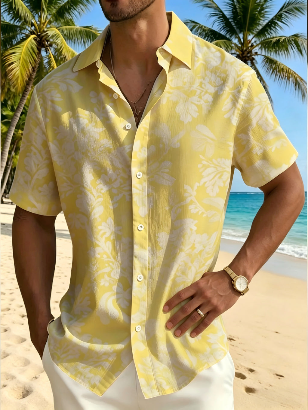 Men's Shirt with Simple Floral Print, Short Sleeves and a Lapel Collar, Cool and Breathable, Suitable for Vacations, Daily Commutes, and Hawaiian Occasions, a Perfect Gift