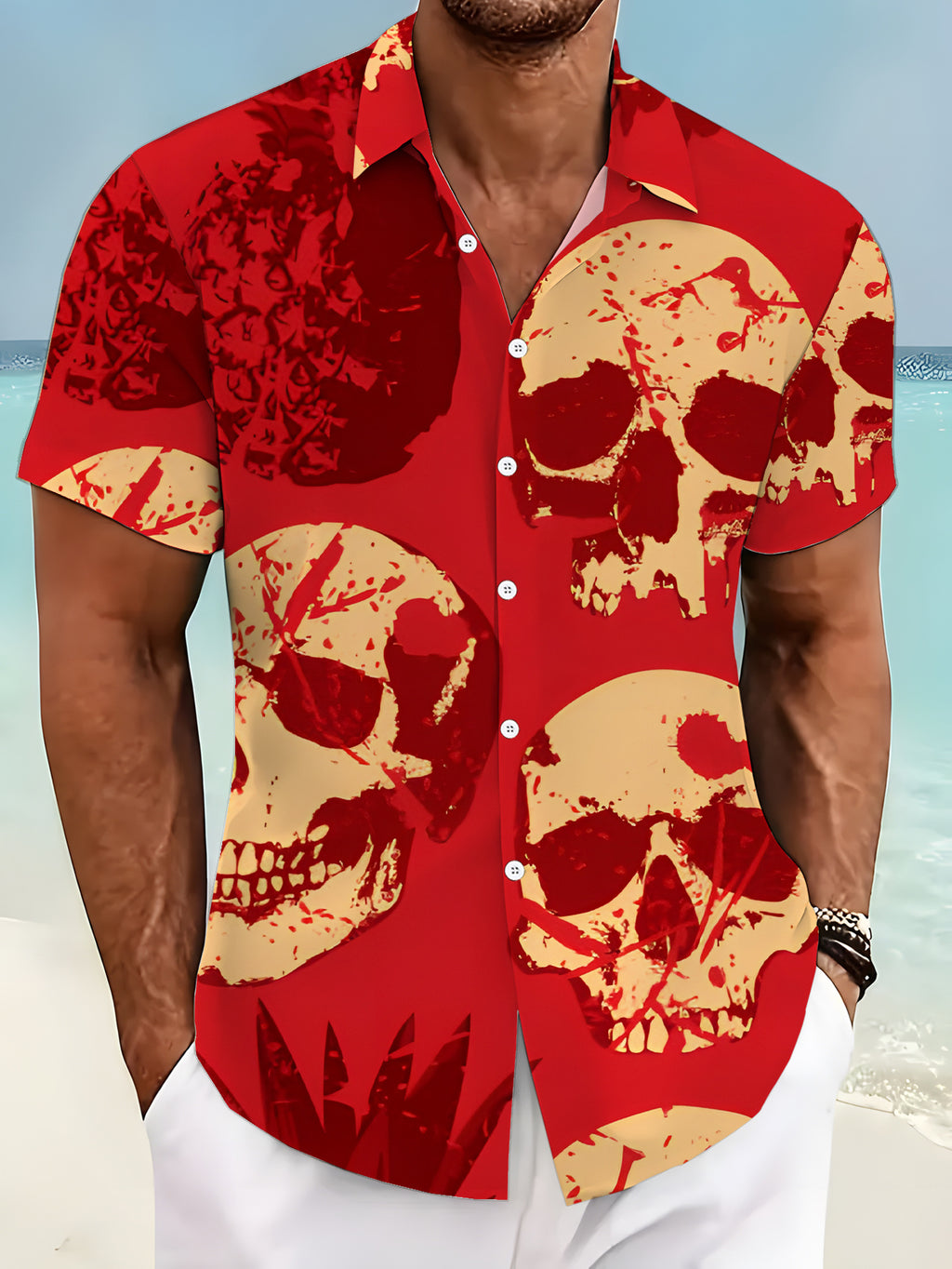 Men's Skull & Pineapple Print Button-Up Shirt - Vibrant Red Short Sleeve Lapel Collar Summer Beach Shirt, Regular Fit Casual Buttoned Top Suitable for Dates, Vacations, Gifts, Machine Washable Minimalist Streetwear for Casual Attire