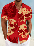 Men's Skull & Pineapple Print Button-Up Shirt - Vibrant Red Short Sleeve Lapel Collar Summer Beach Shirt, Regular Fit Casual Buttoned Top Suitable for Dates, Vacations, Gifts, Machine Washable Minimalist Streetwear for Casual Attire
