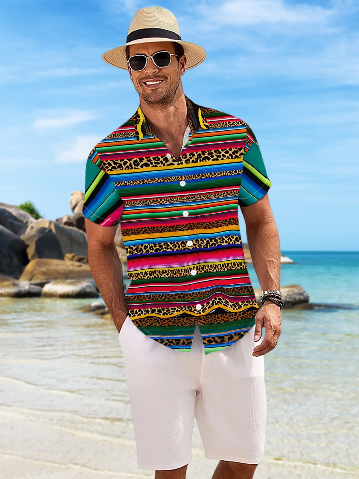 New Men'S Casual Short Sleeve Shirt, Striped And Leopard Print Interwoven, Rich Colors with Exotic Texture, Versatile for Festive Gatherings And Commuting, Fabric Machine Washable, Button-Up Print Shirt