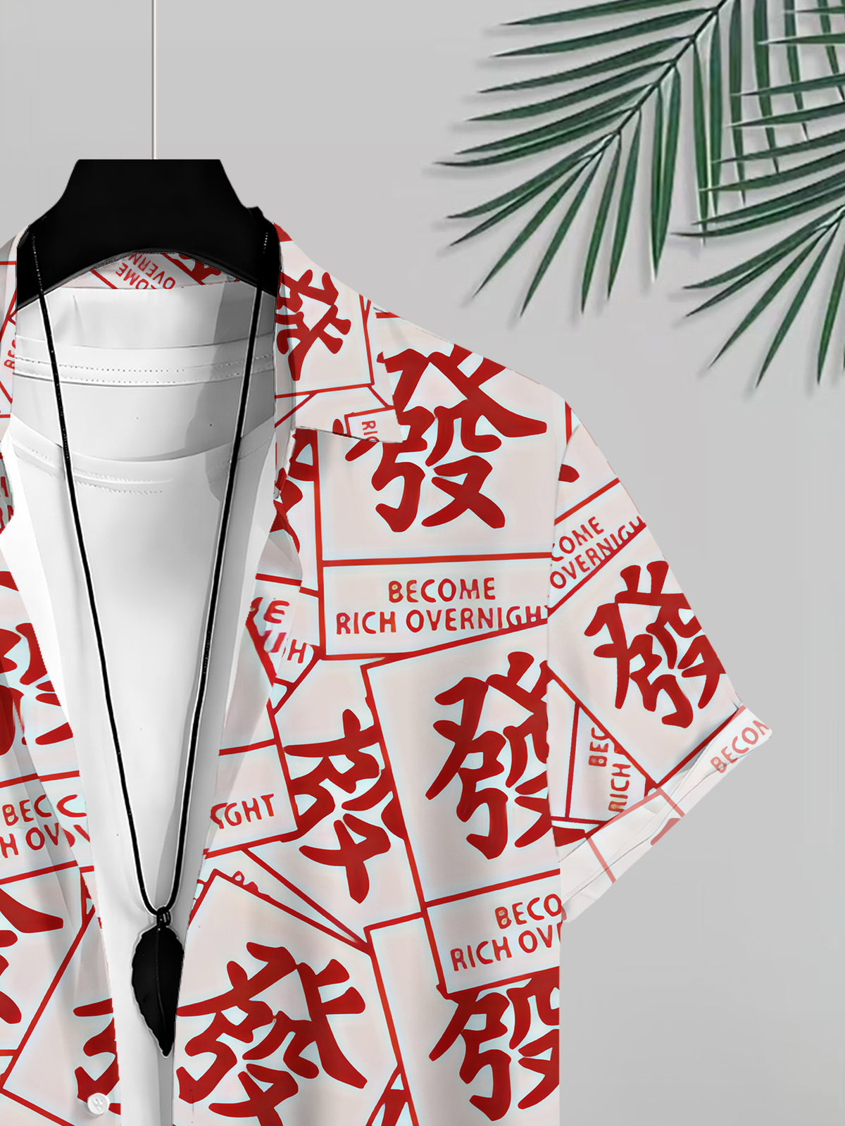 Chinese-style Men's Casual Shirt with Red and White Mahjong Pattern, Suitable for Summer Wear, Daily Outings, and Leisure Activities