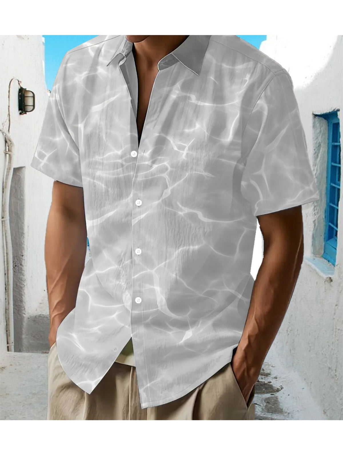 Men's Hawaiian Gray Water Wave Short Sleeve Button- Shirt - Loose Fit Collar, Full-Body Hawaiian Print, Button Front Closure, Machine Washable Summer Beachwear for Casual & Smart-Casual Outfits