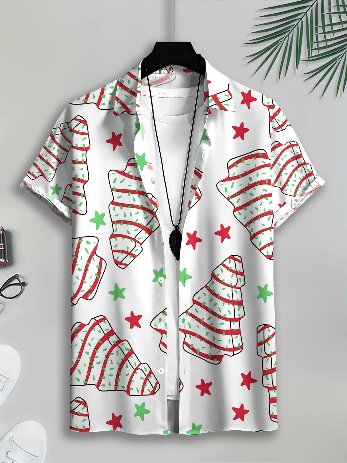 Hawaiian Style Men's Casual Shirt Print White Christmas Tree And Stars Pattern Winter Holiday Theme