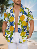 New Men's Casual Short-Sleeve Shirt with Lemon Branch and Leaf Pattern on Blue Check, Fresh All-Over Print on White Background, Versatile for Holiday Parties and Commuting, Machine-Washable Fabric, Button-Up Printed Shirt
