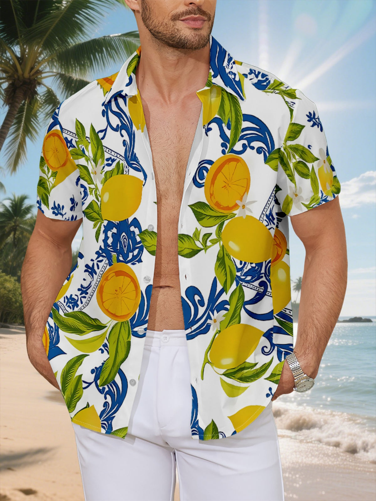 New Men's Casual Short-Sleeve Shirt with Lemon Branch and Leaf Pattern on Blue Check, Fresh All-Over Print on White Background, Versatile for Holiday Parties and Commuting, Machine-Washable Fabric, Button-Up Printed Shirt