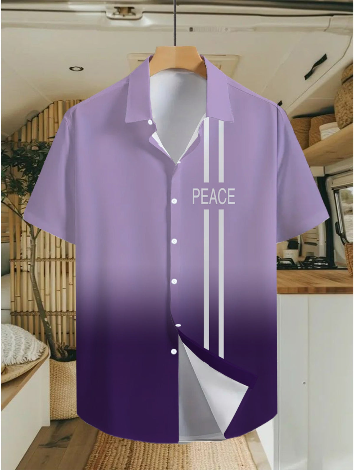 A Stylish Short-Sleeve Shirt Featuring a Dual Purple Gradient Pattern, Perfect for Tropical Summer Adventures. This Casual Button-Up Shirt Is Made from Lightweight