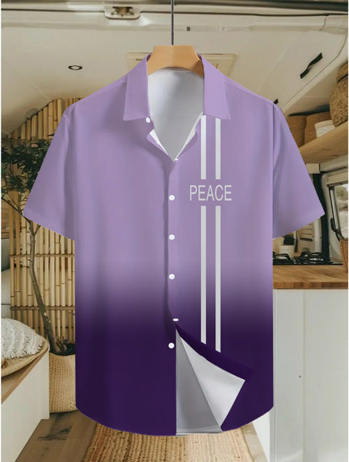A Stylish Short-Sleeve Shirt Featuring a Dual Purple Gradient Pattern, Perfect for Tropical Summer Adventures. This Casual Button-Up Shirt Is Made from Lightweight