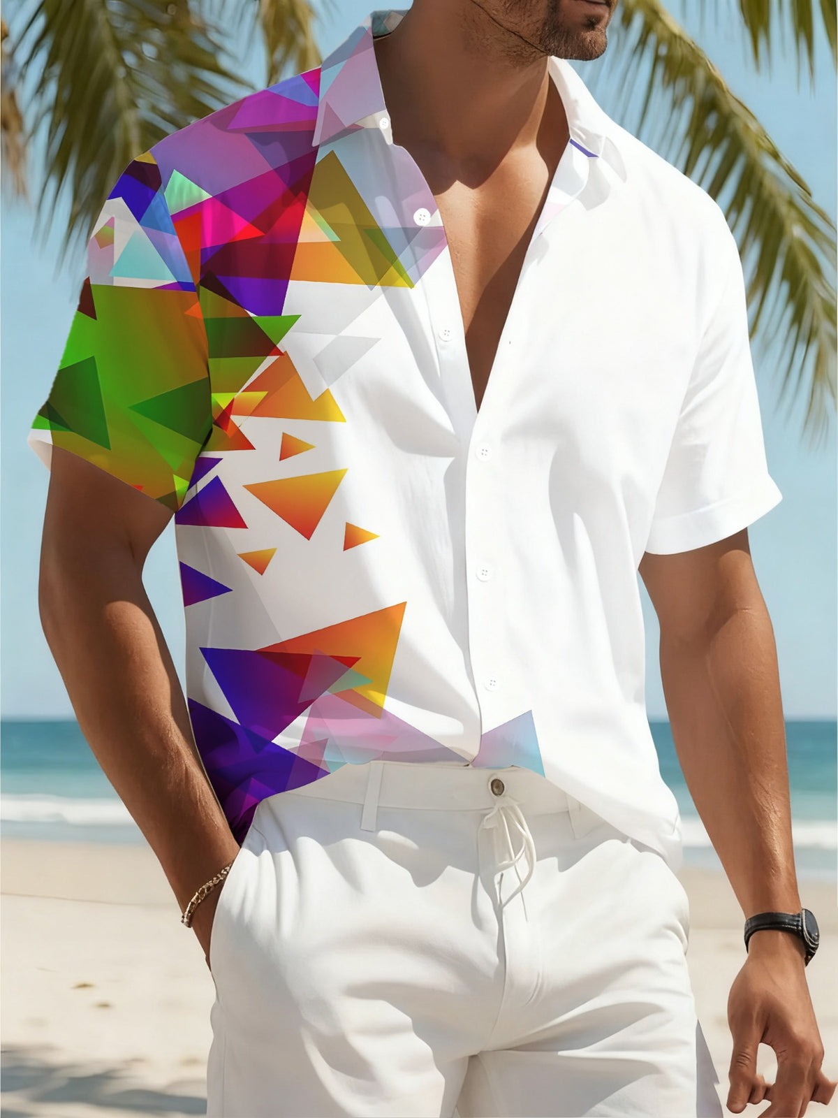 Men's Tropical Print Short Sleeve Button- Shirt - Loose Fit Collar Summer Beachwear with Full-Body Palm/Leopard/ Patterns - Casual Hawaiian Vacation Outfits (Button Front Closure)