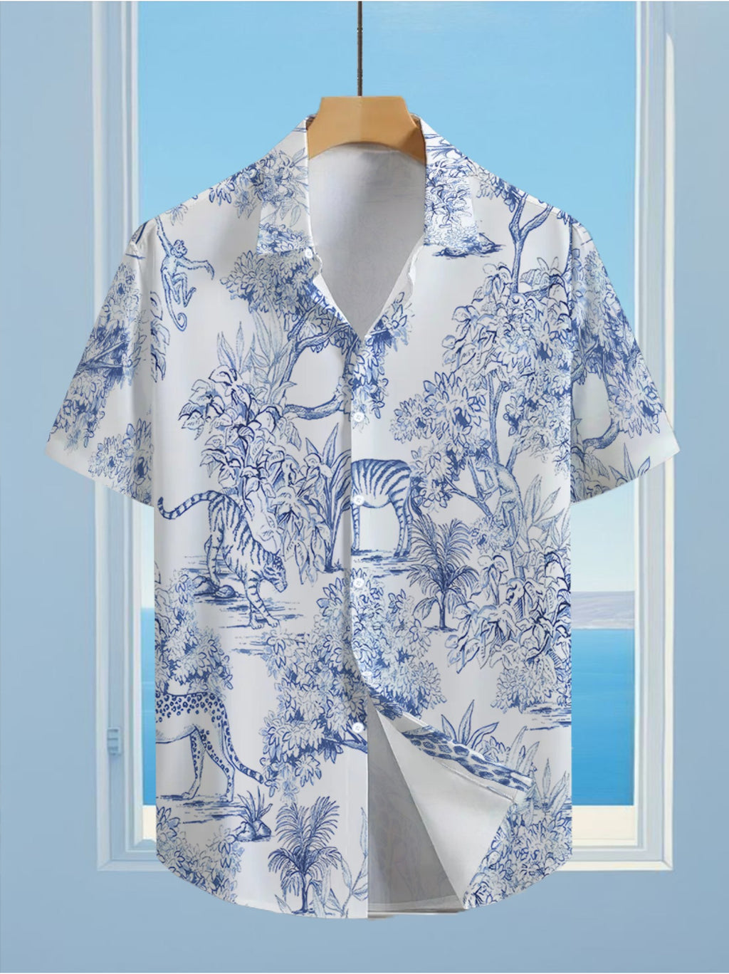 Men'S Casual Anime Shirt Featuring a Stylish Hawaiian Tiger Forest Pattern, with a Formal Cut And Collar, Suitable for Outdoor Activities