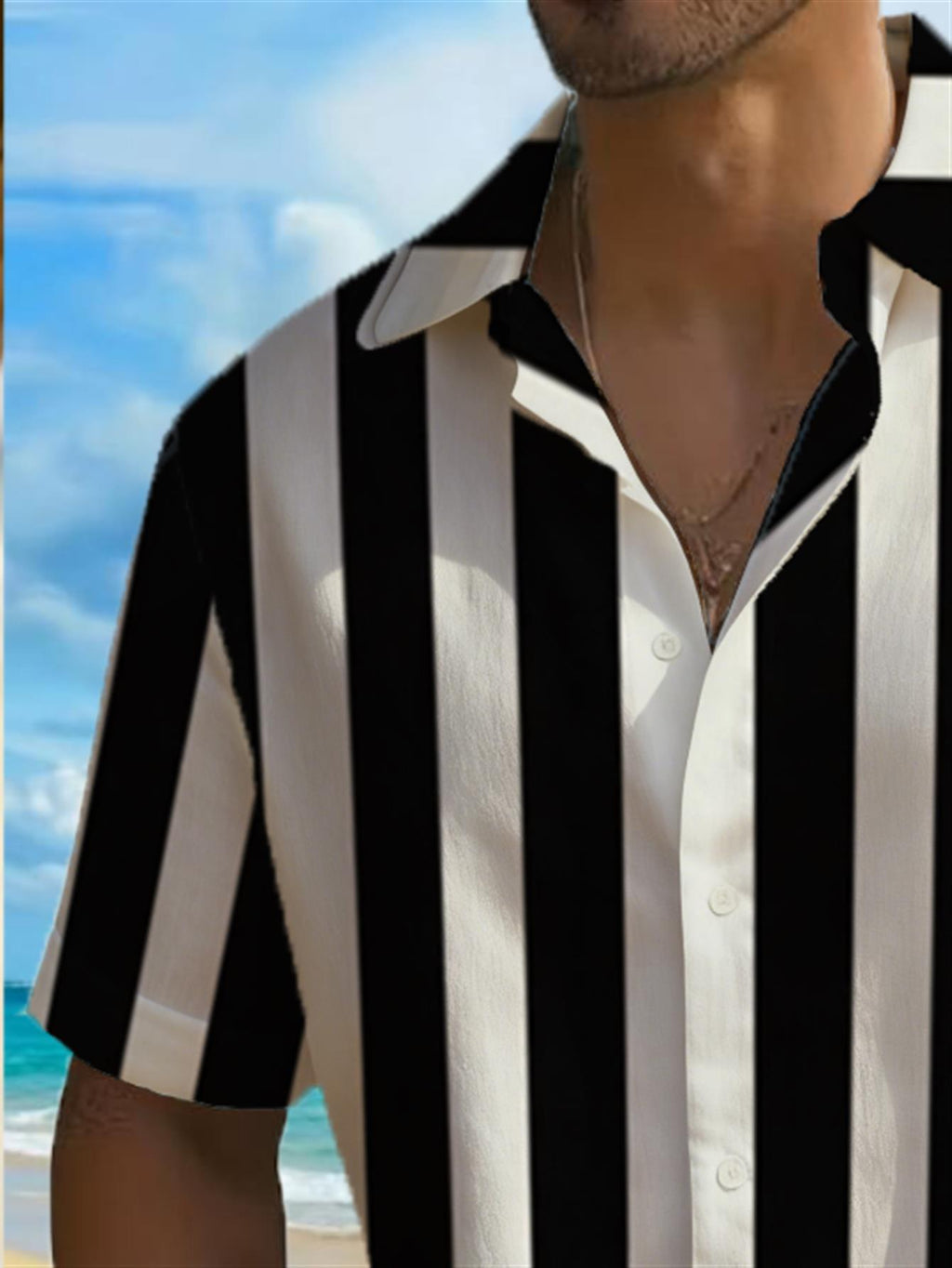 [Print Design - Not Texture] Men'S Bold Vertical Striped Button-Up Shirt - High-Contrast Black And White Pattern with Red Trim, Easy Short Sleeve Casual Top, Summer Wear