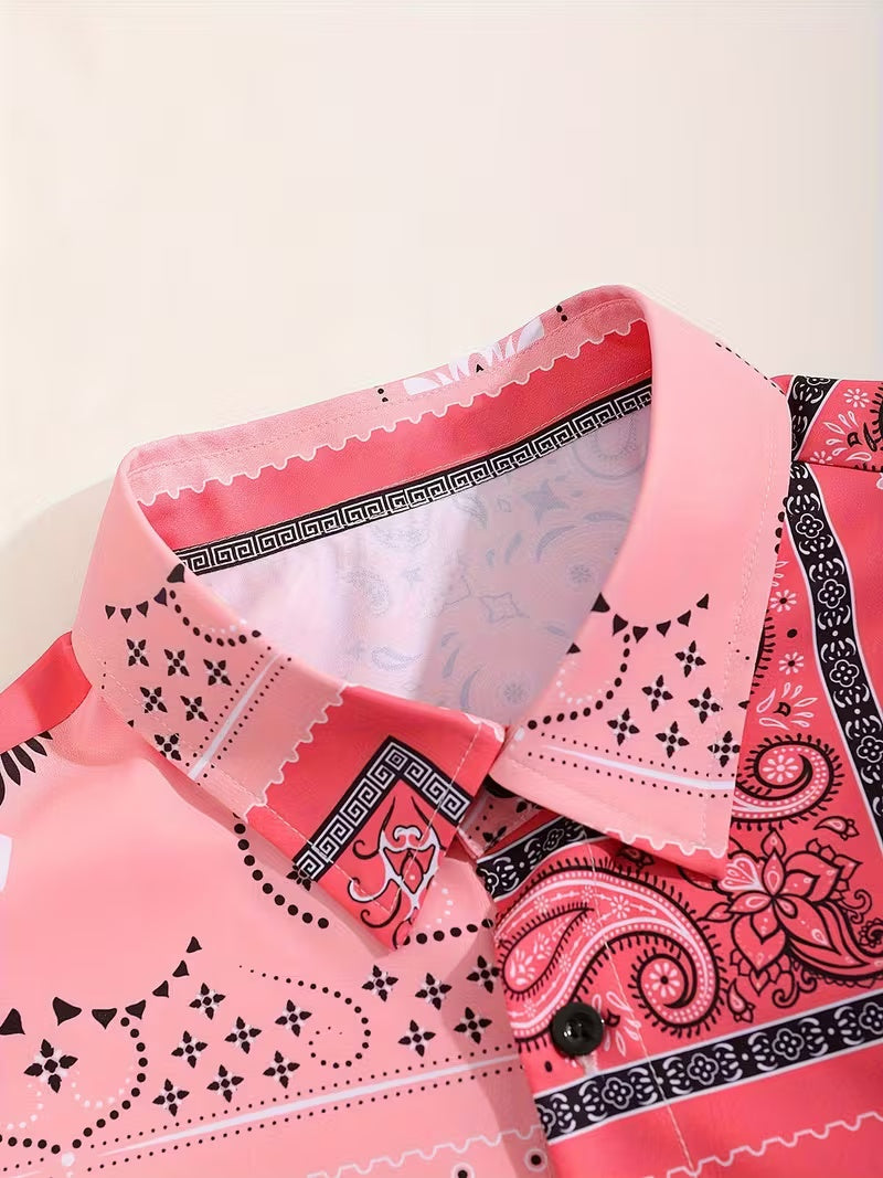 Retro Hawaiian Floral Print, Stylish Tropical Hawaiian Shirt - Short Sleeves, Casual Button- Men'S Shirt, Lightweight Polyester for Summer Adventures