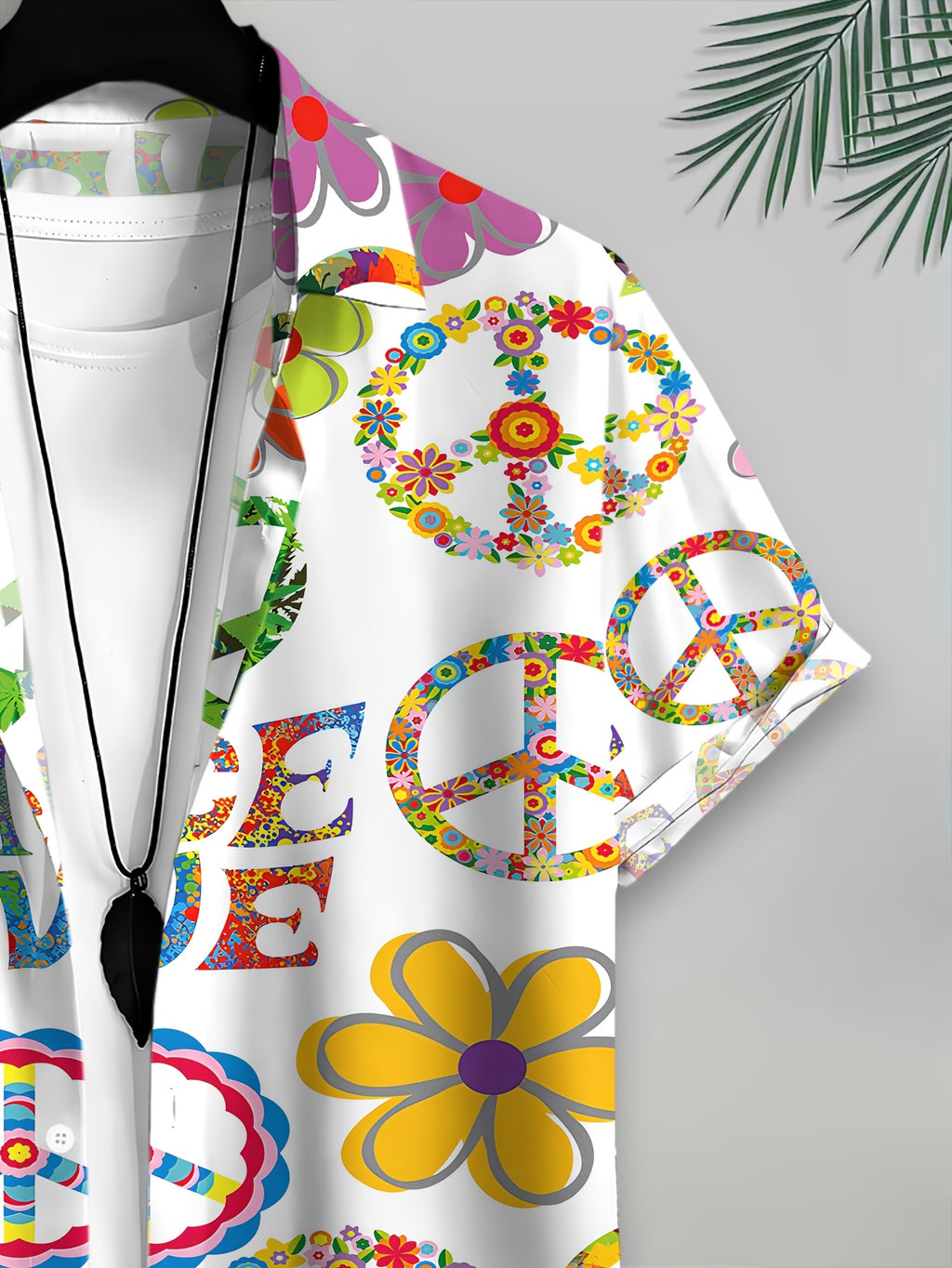 Hippie Style Men'S Casual Shirt, Print Peace And Love Floral Pattern, Summer Vibrant Colors And Retro Symbols
