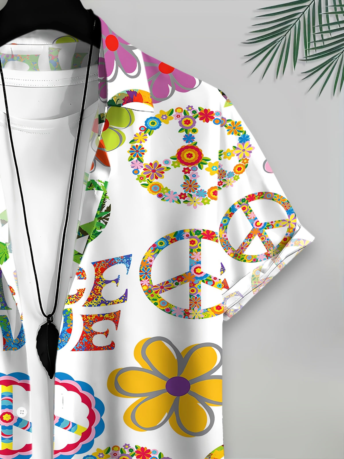 Hippie Style Men'S Casual Shirt, Print Peace And Love Floral Pattern, Summer Vibrant Colors And Retro Symbols