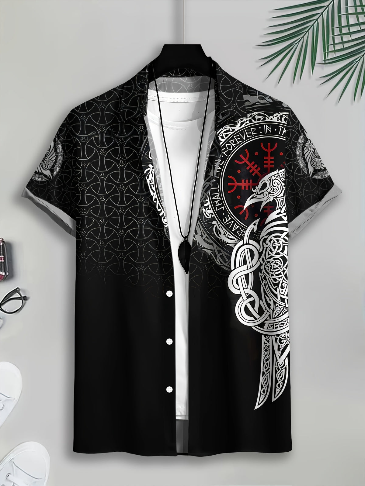 Viking Style Men'S Casual Shirt, Print Black Norse Mythology And Rune Design Summer Detailed Raven And Knotwork Pattern