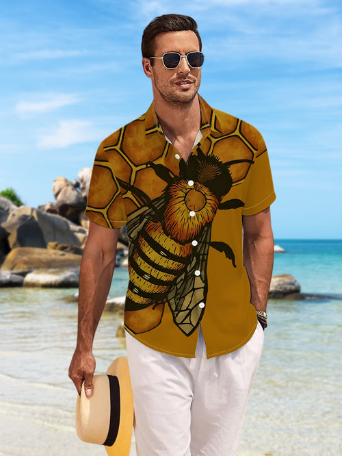 A New Men'S Casual Short-Sleeve Shirt Featuring a Patterned Bee Resting on a Brown-Yellow Beehive, Perfect for Festive Gatherings And Commuting. This Versatile Top Is Made from Machine-Washable Polyester Fabric And Has a Button-Up Design