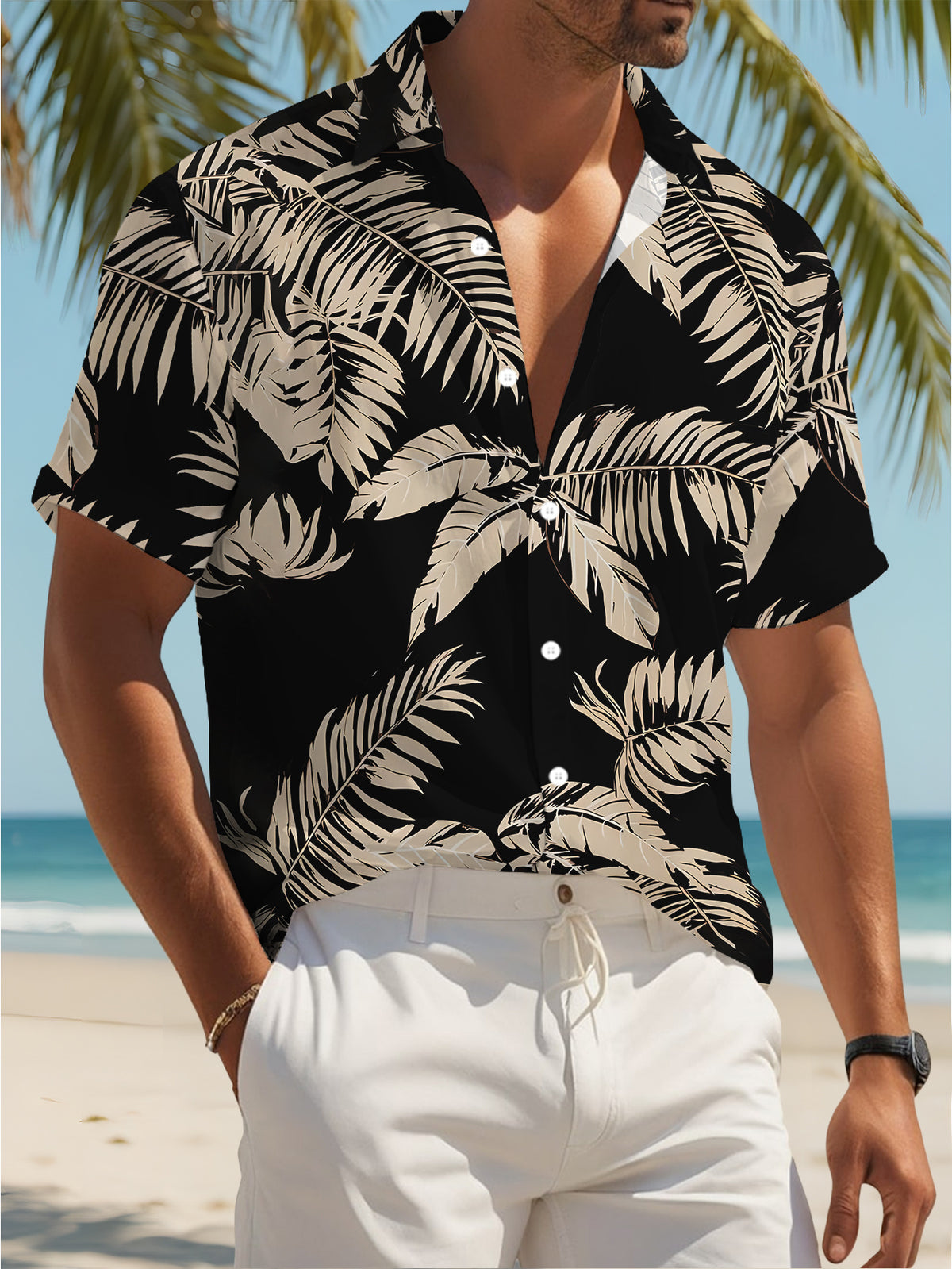 Tropical Print Men'S Casual Shirt Palm Leaf Pattern Summer Bold Design