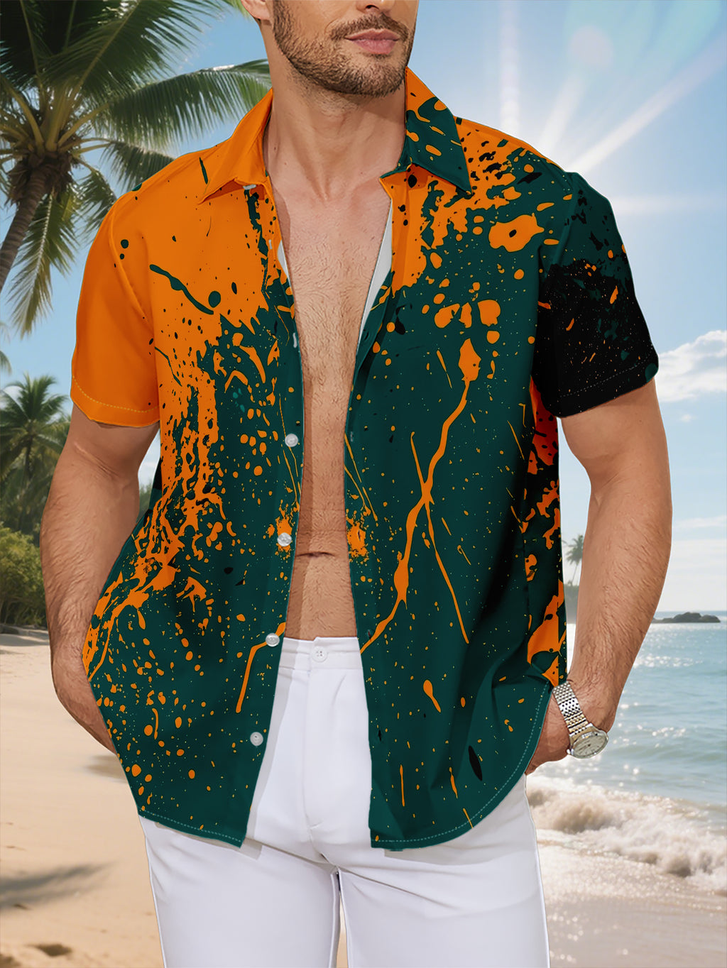 New Men's Casual Short-Sleeve Shirt, Orange and Ink Color Splash with Bold Textured Design, Versatile for Holiday Parties and Commuting, Machine-Washable Polyester Fiber Fabric, Lightweight for Summer, Suitable for Casual Wear, Outdoor Activities
