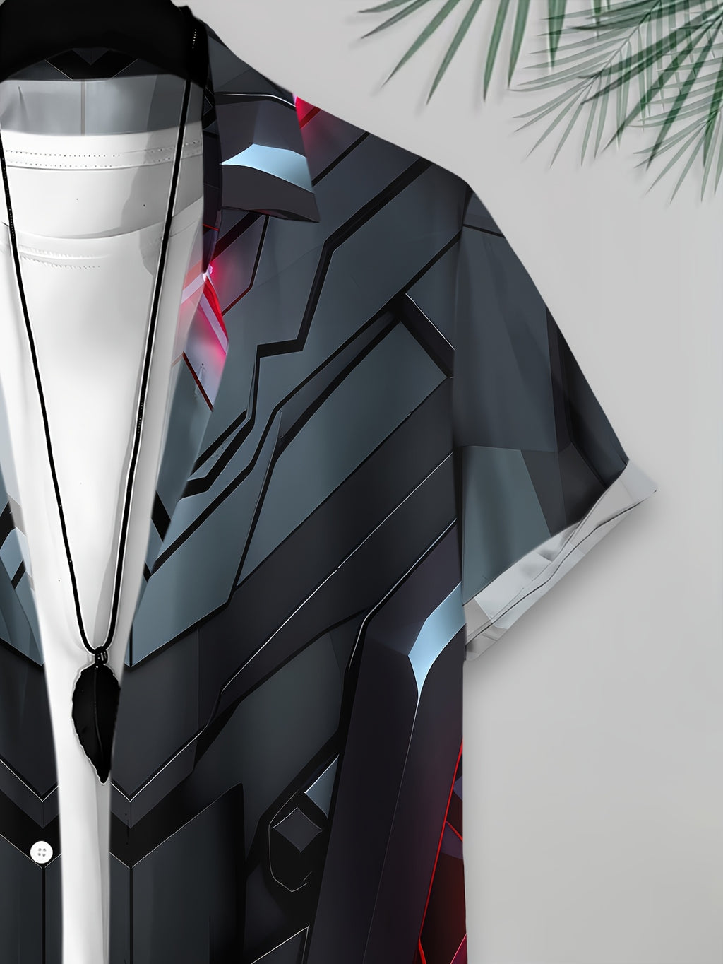 Futuristic Cyberpunk Men'S Casual Shirt, Print Black And Red Armor Design, Summer Neon Light Accents