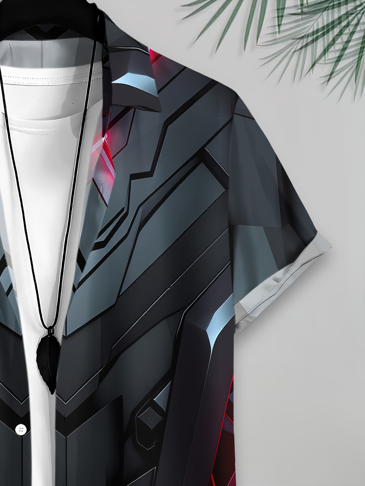 Futuristic Cyberpunk Men'S Casual Shirt, Print Black And Red Armor Design, Summer Neon Light Accents
