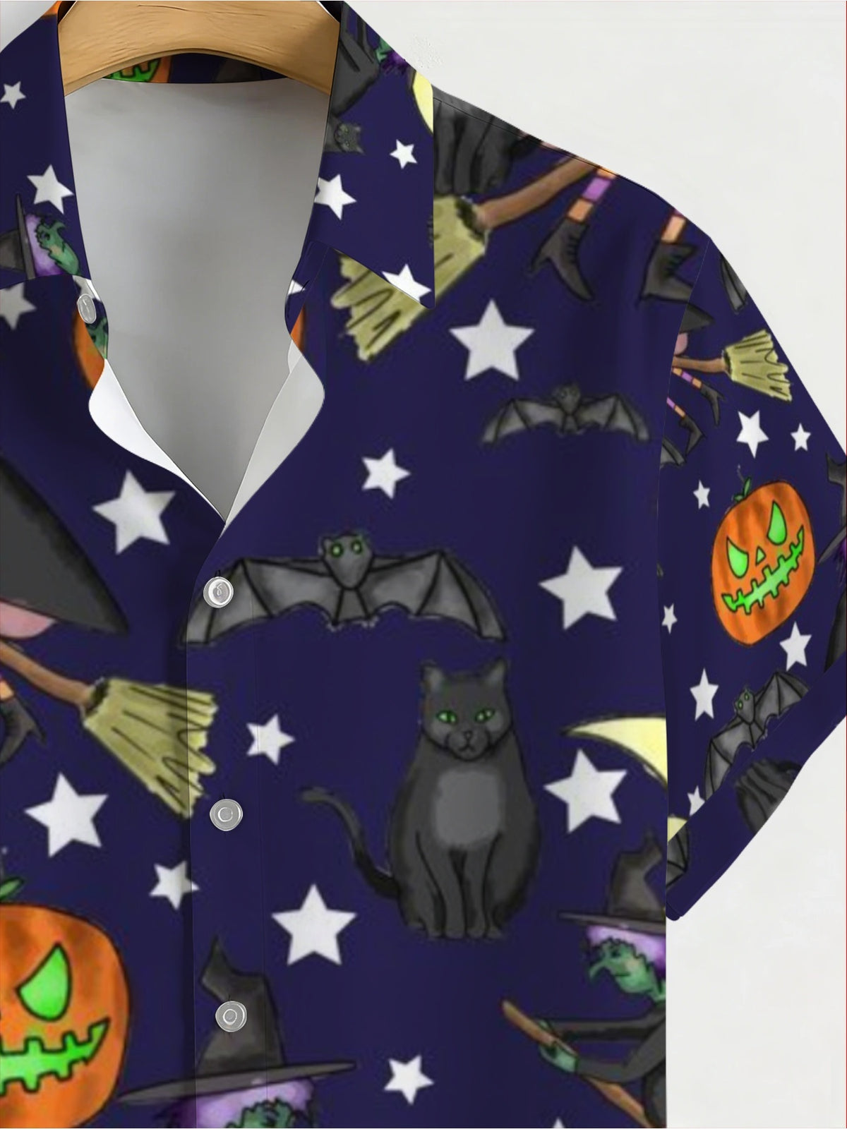 Men'S Navy Blue Cartoon Witch, Pumpkin, Black Cat, Bat, And Star Print Hawaiian Shirt, Turn- Collar Short Sleeve Buttoned Beach Vacation Shirt, Casual Turn- Collar Top for Young Men'S Halloween Party