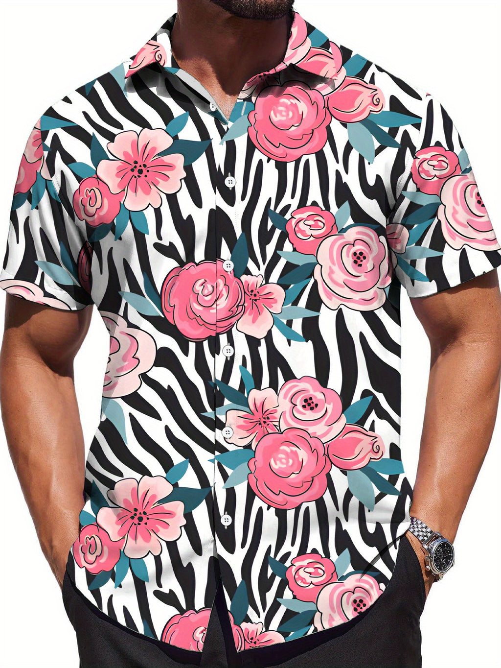 Men's Casual Short-Sleeve Shirt with Digital Print, Zebra Stripe and Pink Floral Pattern, Stylish and Elegant Apparel / Men's / Clothing / Streetwear / Printed / Trendy / Summer