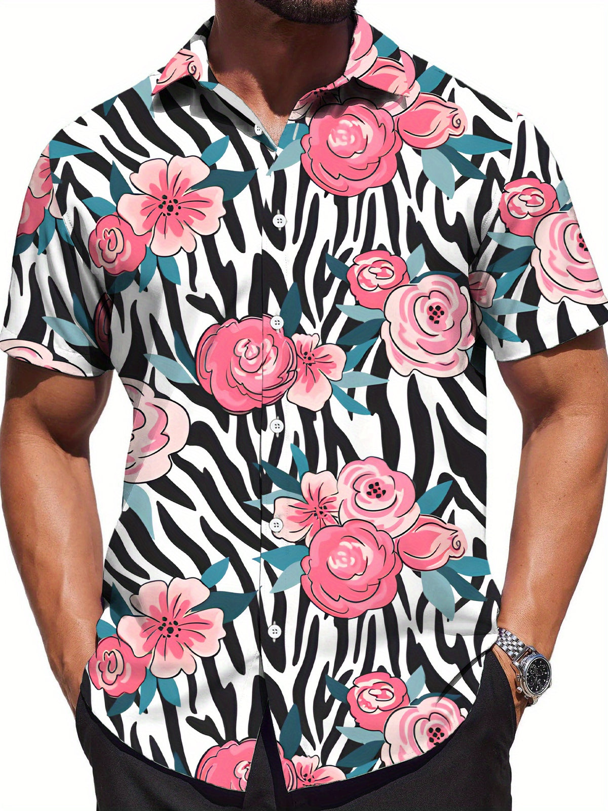 Men's Casual Short-Sleeve Shirt with Digital Print, Zebra Stripe and Pink Floral Pattern, Stylish and Elegant Apparel / Men's / Clothing / Streetwear / Printed / Trendy / Summer