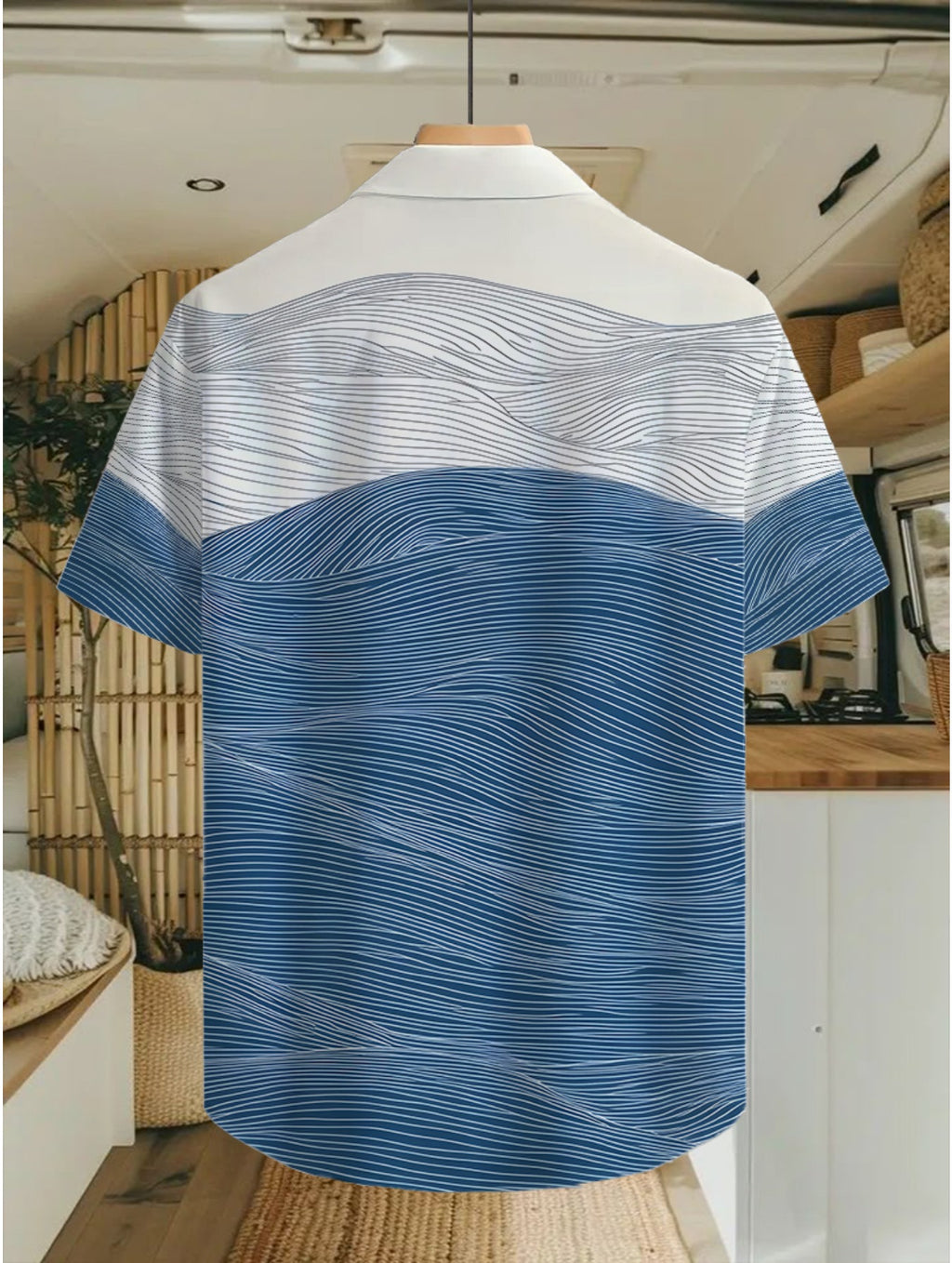 Men's Casual Shirt with Fun Hawaiian Tropical Blue and White Wave Pattern Patchwork Print - Short Sleeve Button-Up Design for Summer Outdoor and Casual Wear, Daily Outfits