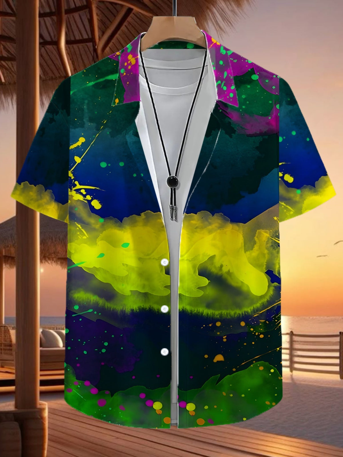 Hawaiian Colorful Pattern Print Men's Casual Shirt - Short Sleeve Button Design, Vibrant Colors, Summer Outdoor and Casual Wear, Machine Washable