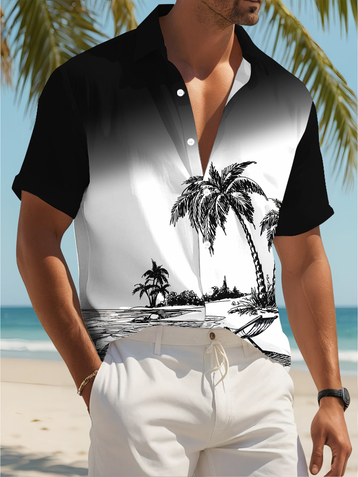 Black And White Tropical Palm Tree Print Men'S Casual Shirt Summer Beach Vacation