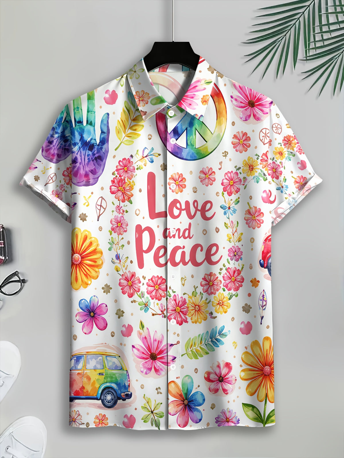 Hawaiian Style Men's Casual Shirt "Love and Peace" Floral Print with Summer Colorful Flowers and Peace Symbol Design