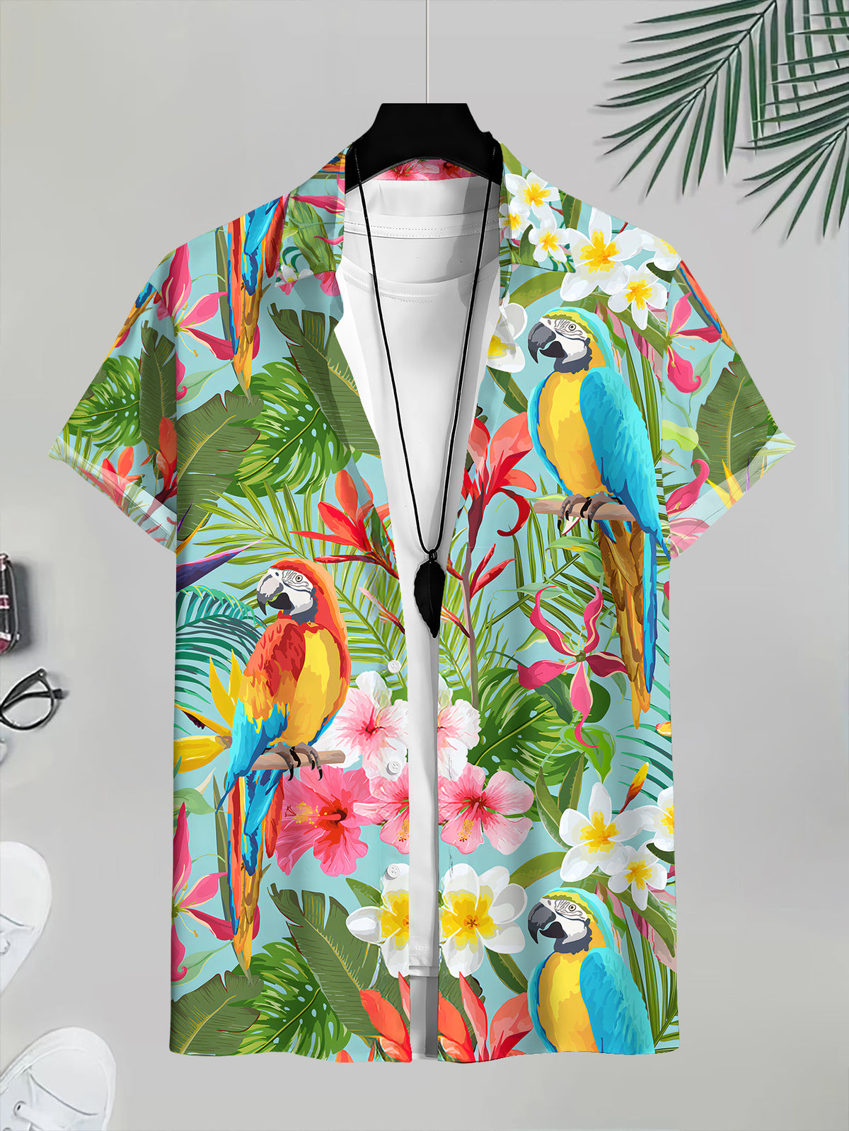 Men's Casual Fashion Short-Sleeve Shirt with Parrot and Floral Tropical Pattern, Suitable for Beach Vacations and Leisure Outings