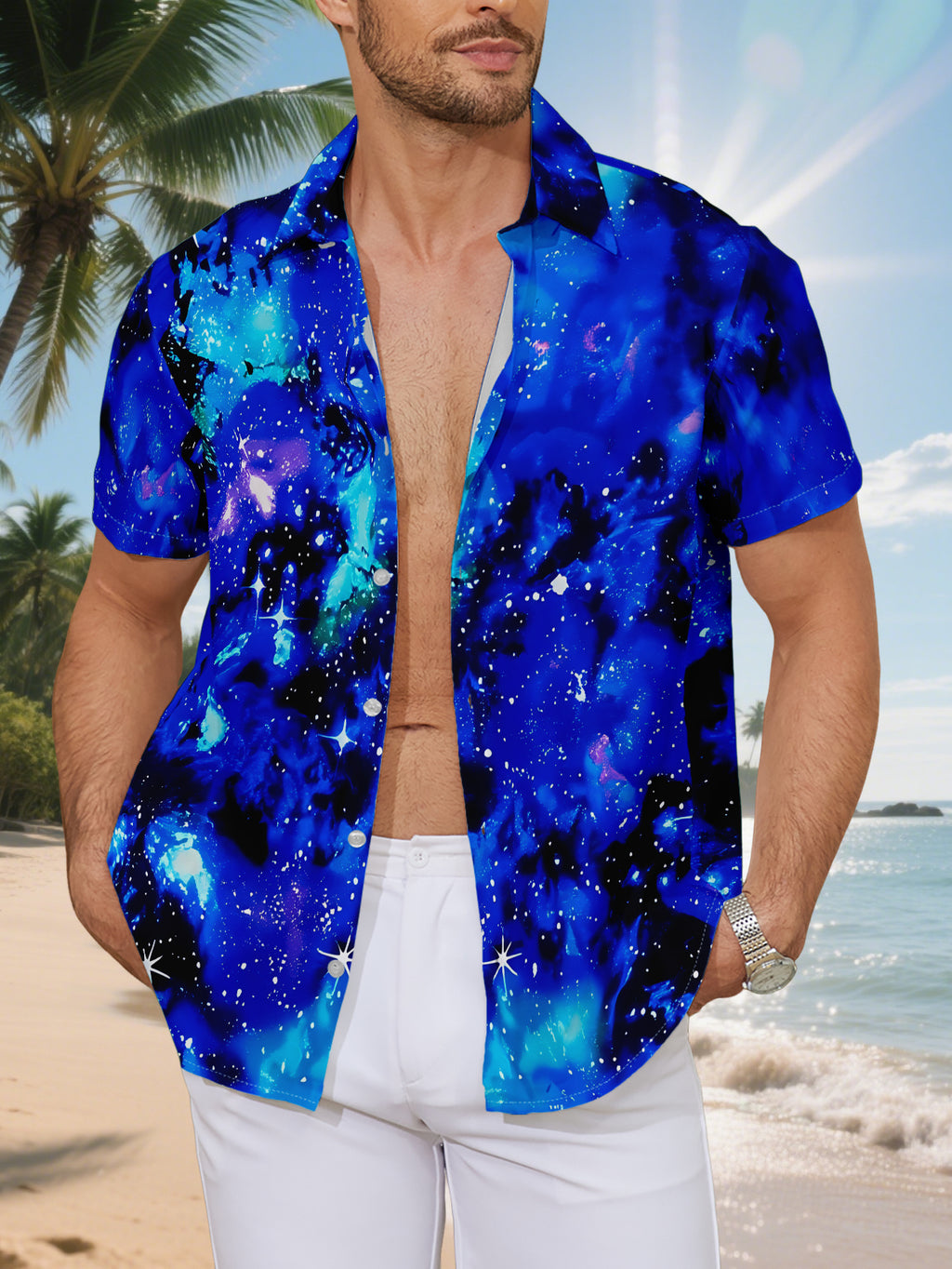 New Men'S Casual Short-Sleeve Shirt in Indigo with Swirling Starry Clouds, Adorned with Star-Like Sequins Across The Night Sky. A Versatile Top Suitable for Holiday Gatherings And Commuting