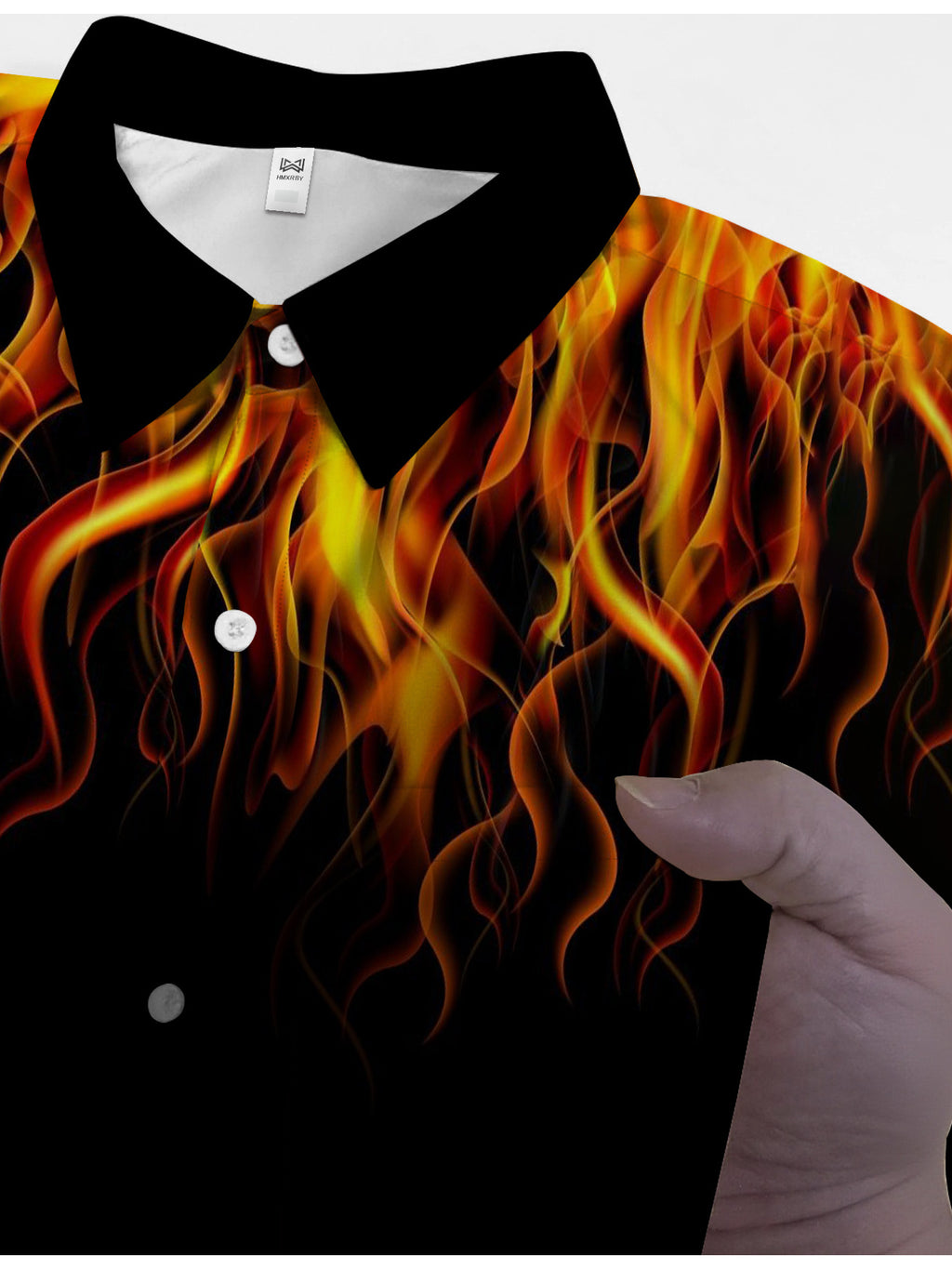 Trendy Individual Fashion Men'S Short Sleeve Shirt with Flame Print Black Background with Red And Yellow Flames Suitable for Casual Daily Wear