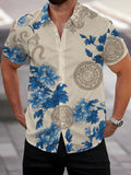 Men's Short-Sleeve Shirt with Blue Floral Elegant Style, Printed Shirt with Chinese Floral Pattern, Cool Short-Sleeve Shirt for Men, Beige-Blue Elegant Color, Men's Casual Short-Sleeve Shirt for Summer
