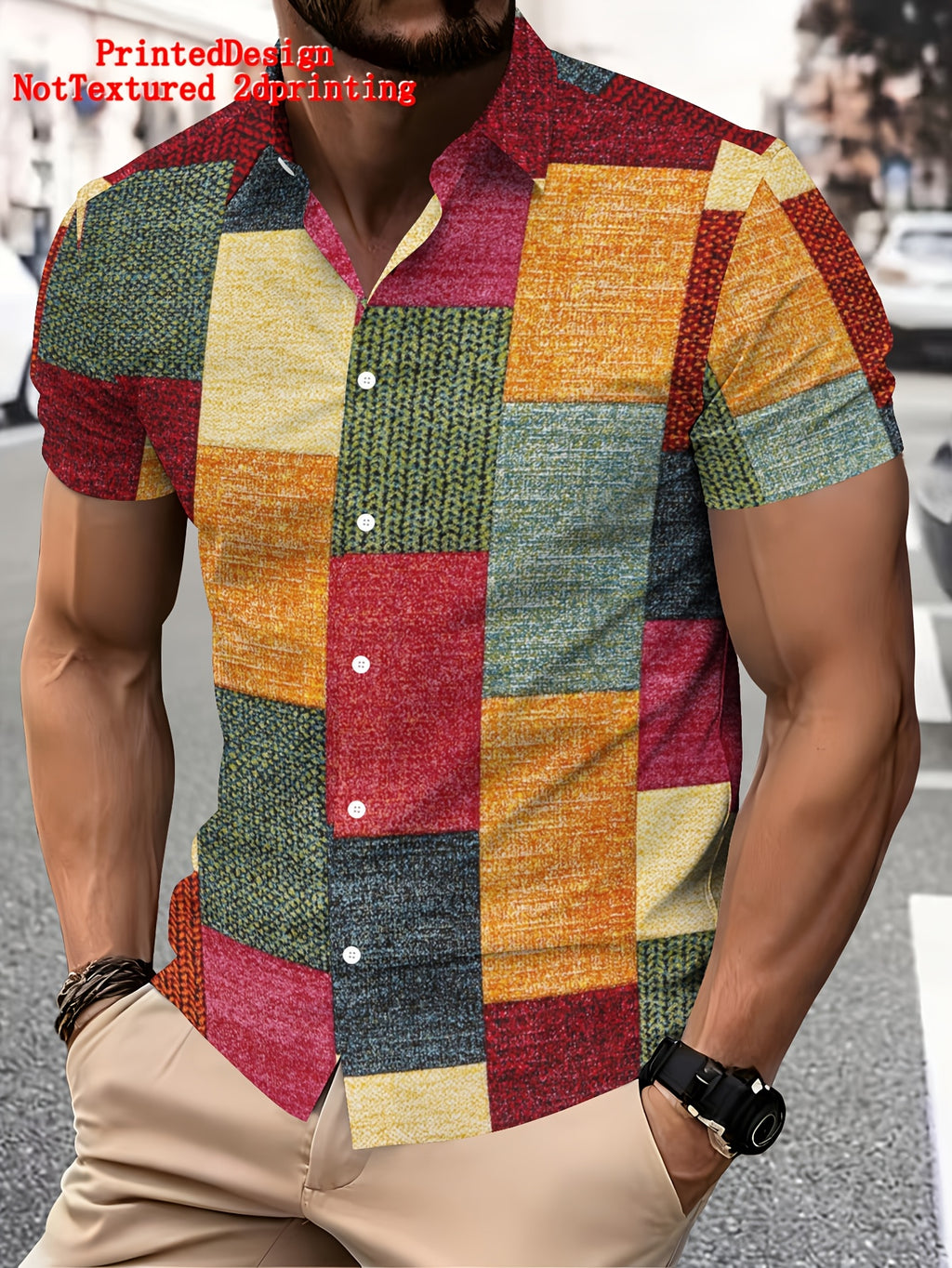 PrintedDesign-NotTextured 2dprinting Colorful Patchwork Pattern Men's Casual Shirt Print Geometric Blocks Summer Vibrant Textured Design