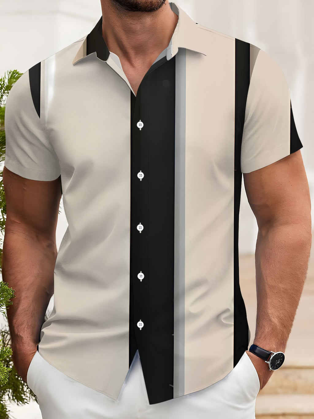 Men's Casual Short-Sleeve Printed Shirt in Black, White, and Beige, Simple Style with Striped Pattern, Fashionable Loose-Fit Casual Short-Sleeve T-Shirt for the Beach, Versatile Top, Printed Short-Sleeve Shirt for Men, Men's Short-Sleeve Apparel