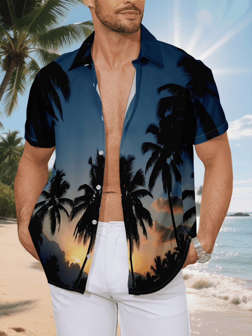 New Men's Casual Short-Sleeve Shirt, Coconut Grove Silhouette, Sunset Golden Hue Dyeing the Sky, Versatile for Holiday Parties and Commuting, Polyester Fabric, Machine Washable, Lightweight for Summer, Suitable for Casual Wear, Outdoor Activities