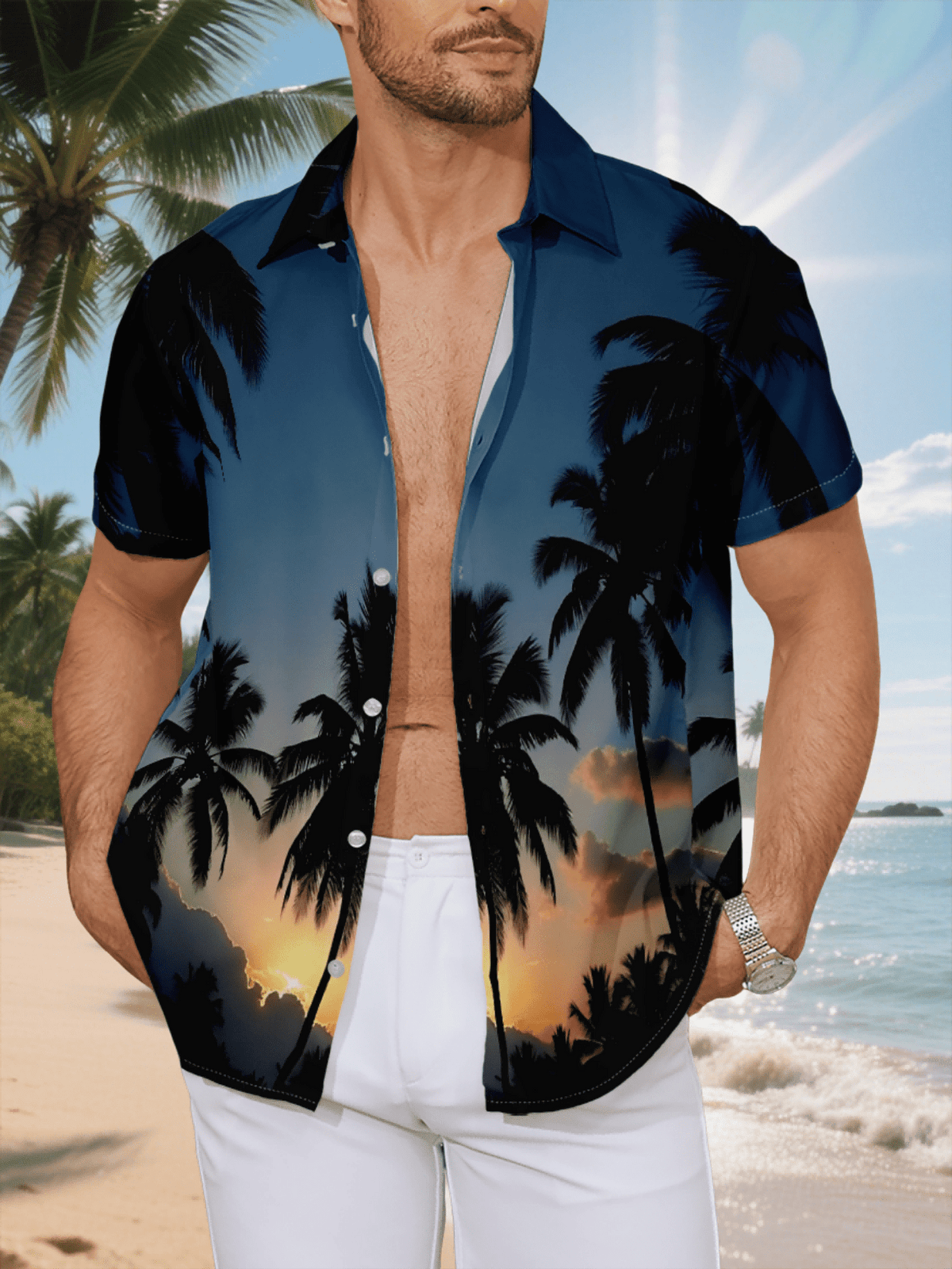New Men's Casual Short-Sleeve Shirt, Coconut Grove Silhouette, Sunset Golden Hue Dyeing the Sky, Versatile for Holiday Parties and Commuting, Polyester Fabric, Machine Washable, Lightweight for Summer, Suitable for Casual Wear, Outdoor Activities