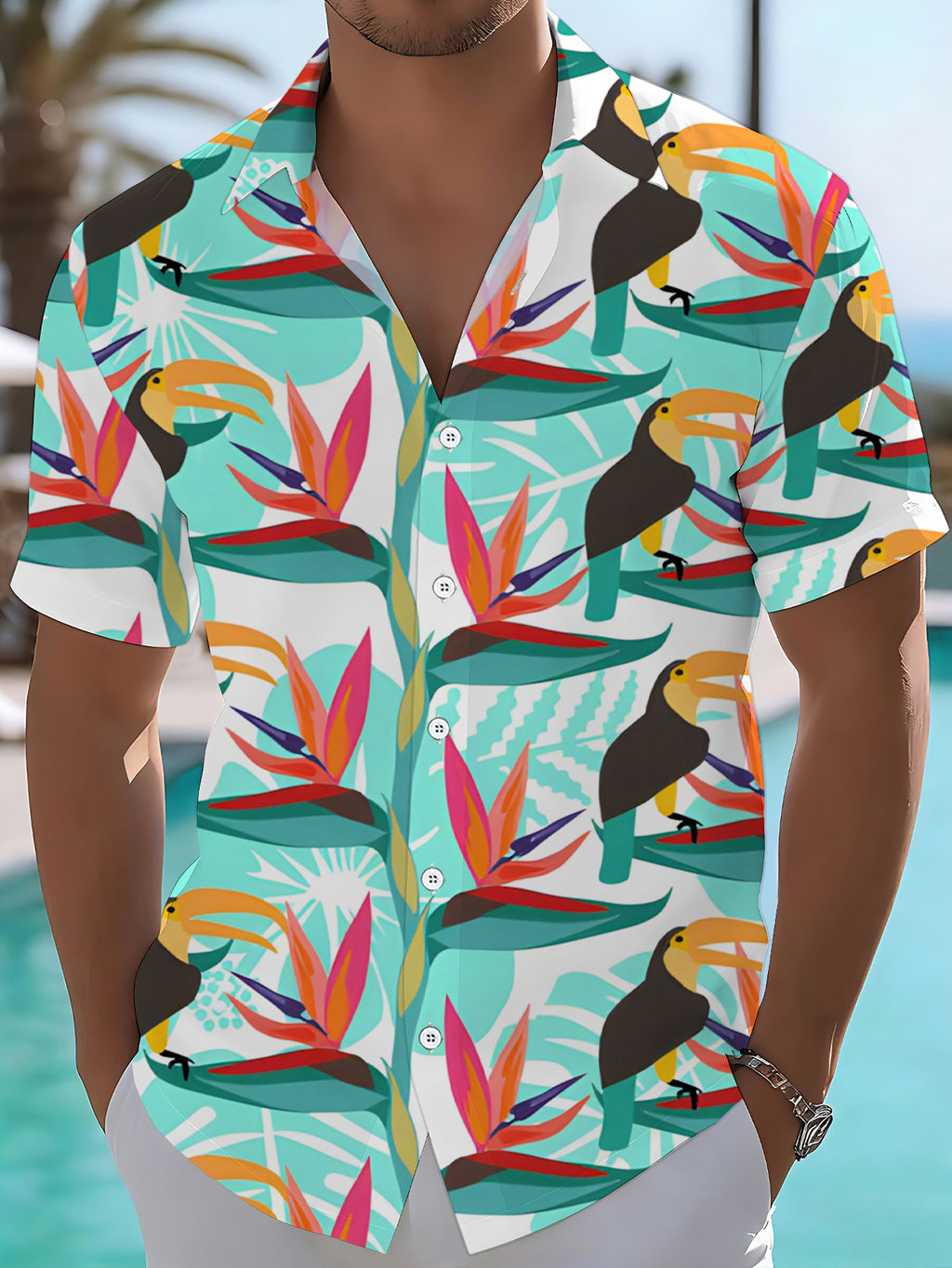 [Printed Design - Not Texture] Casual Shirt Men'S Label Short Sleeve Shirt Toucan Tropical Plant Pattern Fashionable Atmospheric Dopamine Party Top Summer/Clothing/Trendy/Clothes/Street/Men