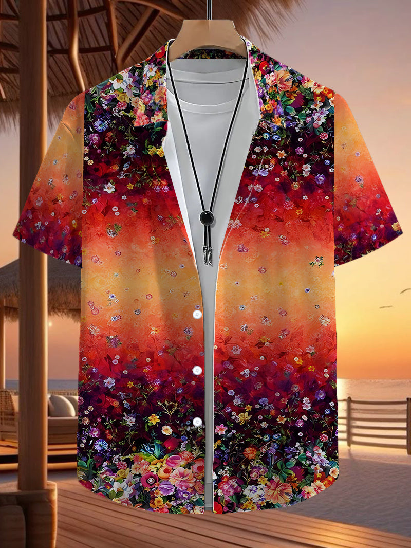 Men's Tropical Flower Print Short Sleeve Button- Shirt - Loose Fit Collar Summer Beach Vacation Wear, Hawaiian Shirt with Full-Body Hibiscus & Palm Print (Hand Washable)