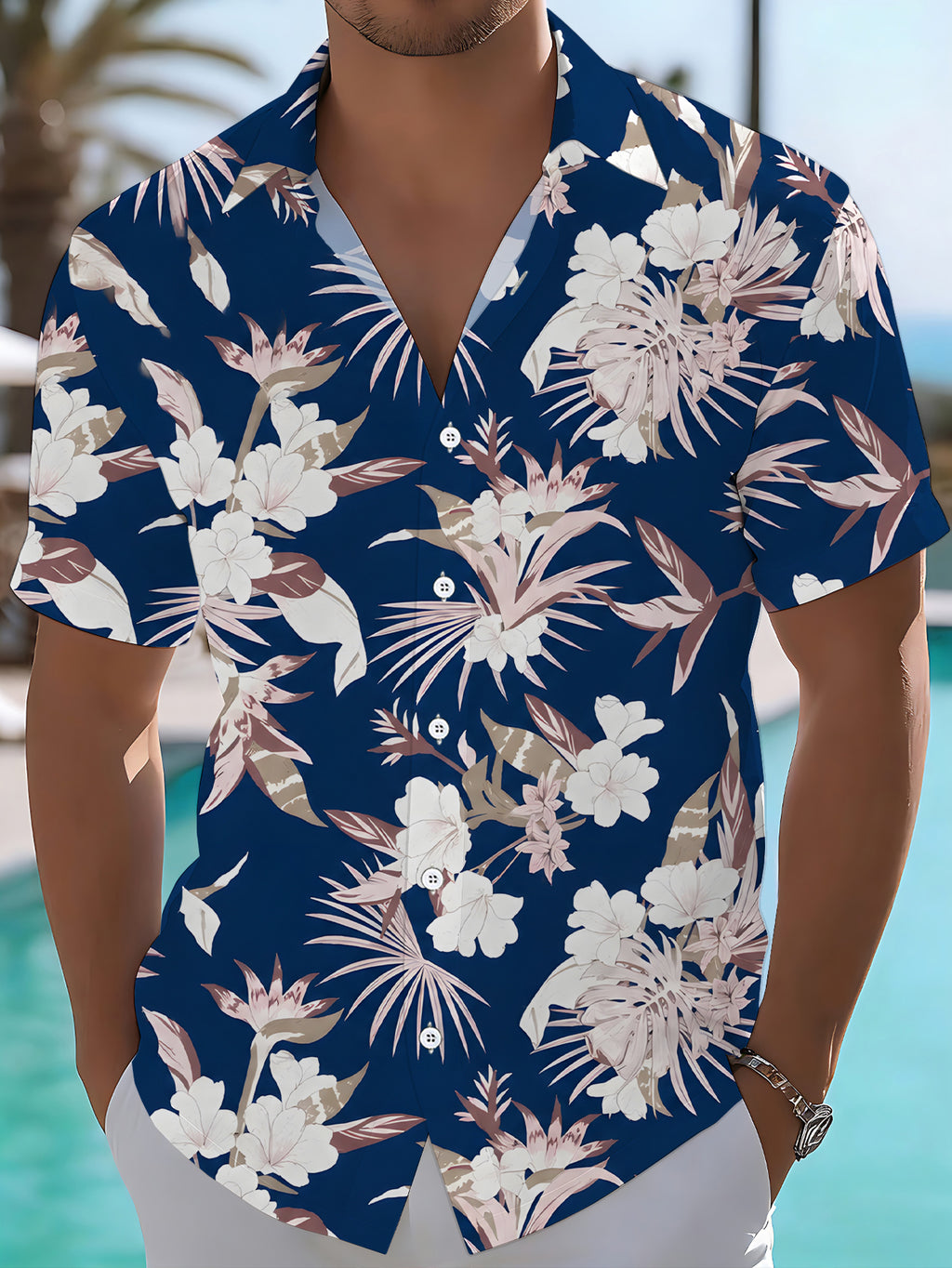 [Print Design – Not Texture] Casual Shirt Men'S Digital Printing Label Short-Sleeved Shirt Dark Blue Background Floral Plant Pattern Fashionable And Atmospheric Dopamine Party Top Print/Men'S/Clothing/Clothes/Summer/Trend/Streetwear