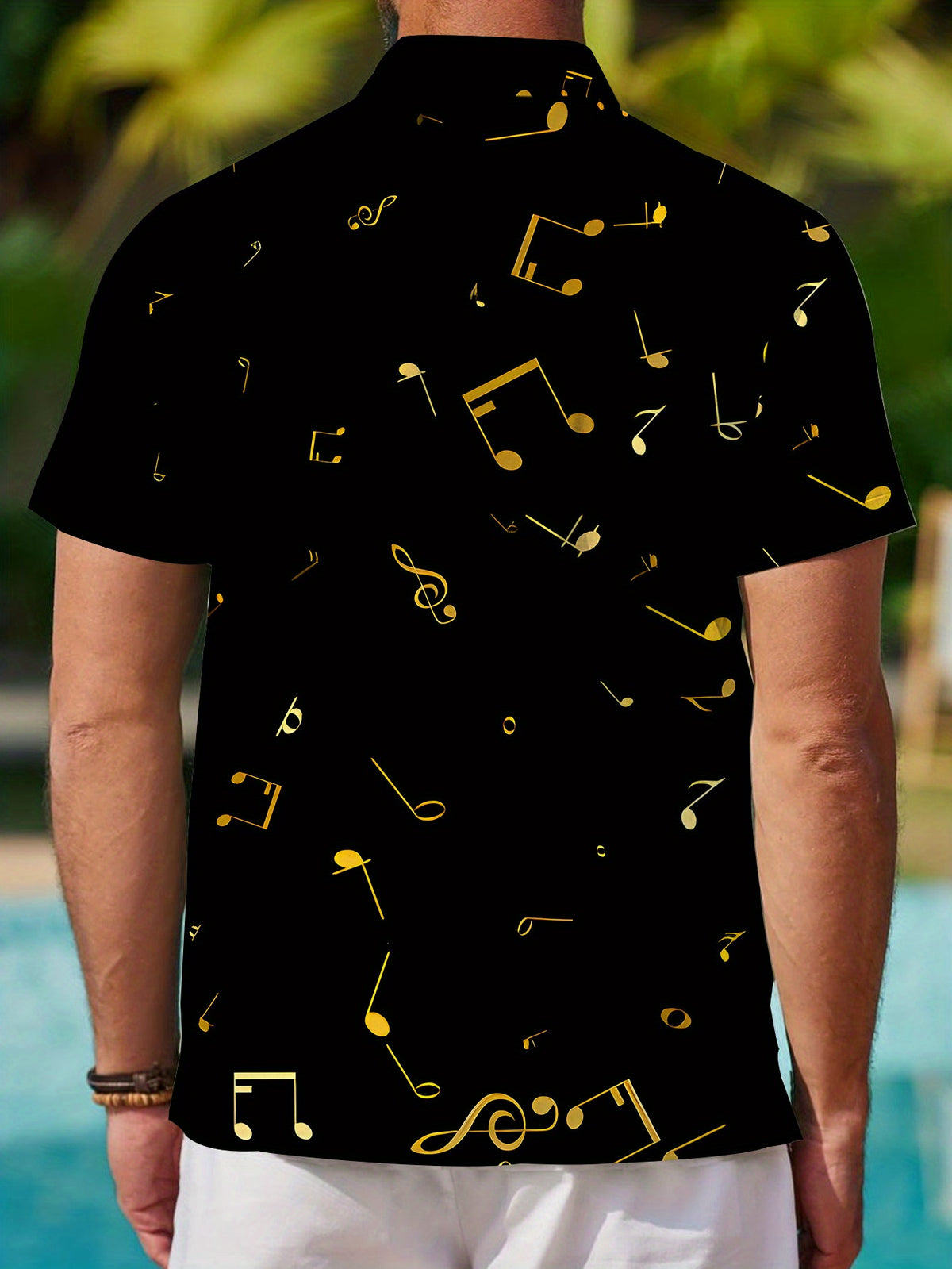 Men's Casual Short-Sleeve Shirt - Black with Golden Musical Note Print, Regular Fit Button-Up Top, Versatile for All Seasons, Beach and Daily Wear, Music-Themed Apparel, Smooth Textured Fabric