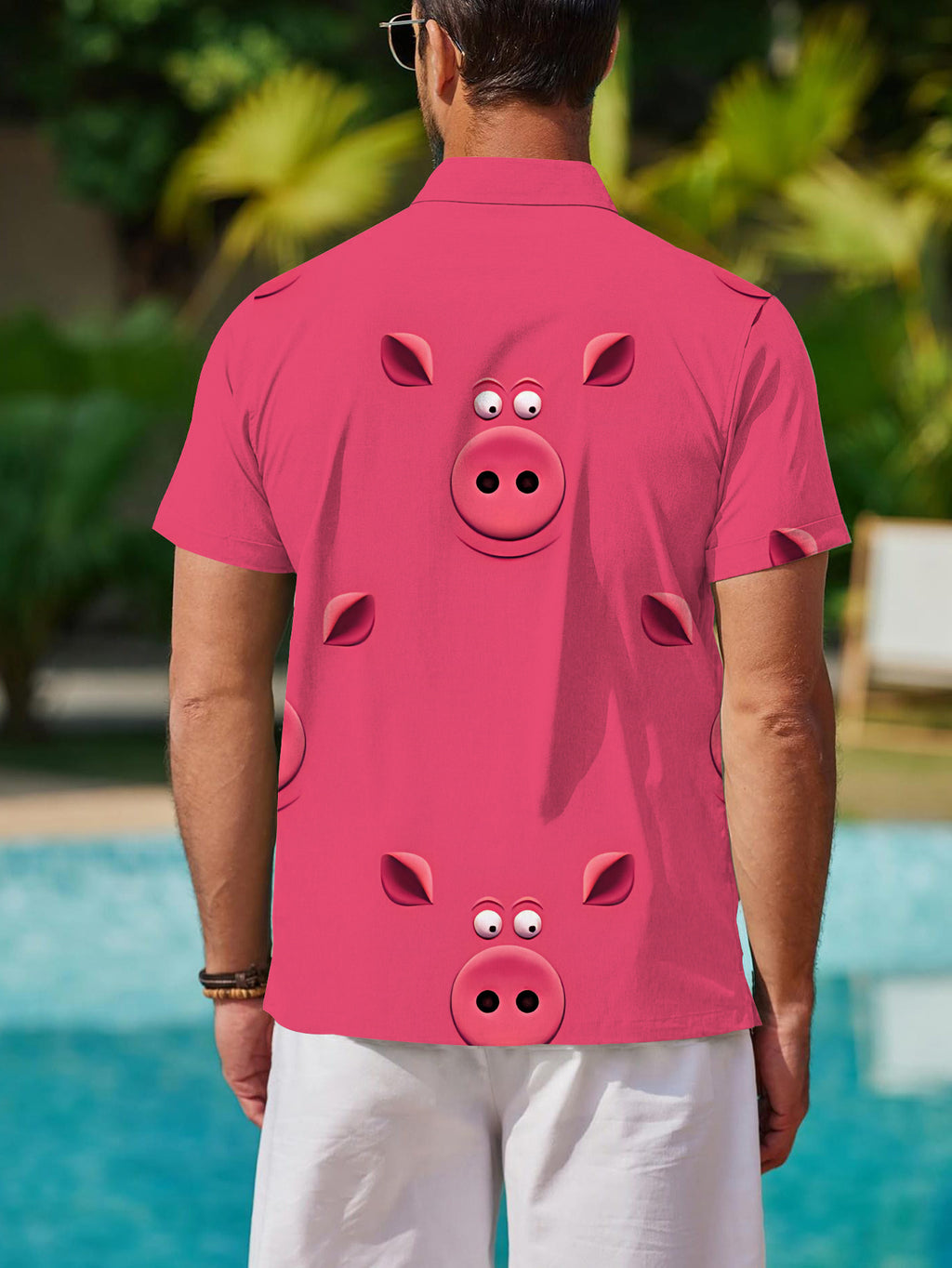 Men's Short-Sleeve Shirt, Fashionable Trendy Digital Print Short-Sleeve Shirt with Pink Cartoon Pig Pattern, Stylish and Elegant, Trendy/Men's/Printed/Summer/Streetwear/Clothing/Apparel