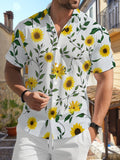 New Men's Casual Short-Sleeve Shirt with Bright Yellow Sunflowers and Green Branches/Leaves Print on White Background. Versatile for Holiday Parties and Commuting. Made of Polyester Fiber, Machine Washable. Lightweight for Summer. Suitable for Casual