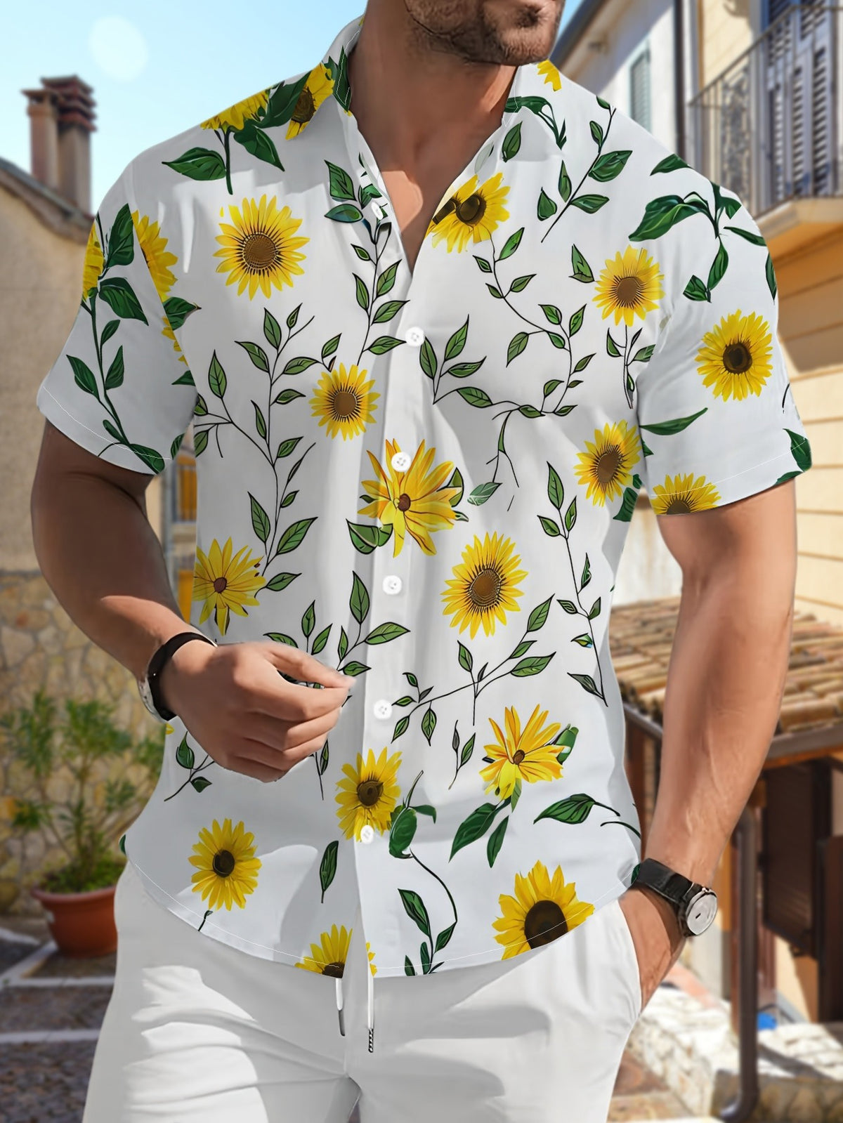 New Men's Casual Short-Sleeve Shirt with Bright Yellow Sunflowers and Green Branches/Leaves Print on White Background. Versatile for Holiday Parties and Commuting. Made of Polyester Fiber, Machine Washable. Lightweight for Summer. Suitable for Casual