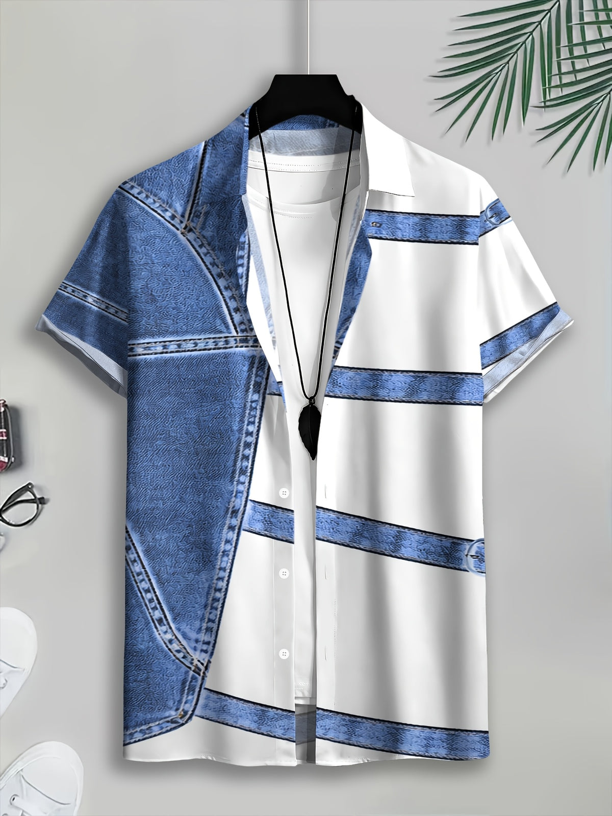 PrintedDesign-NotTextured 2dprinting Denim And Black Patchwork Style Men's Casual Shirt Print Denim Texture Design Summer Bold Contrast Panels