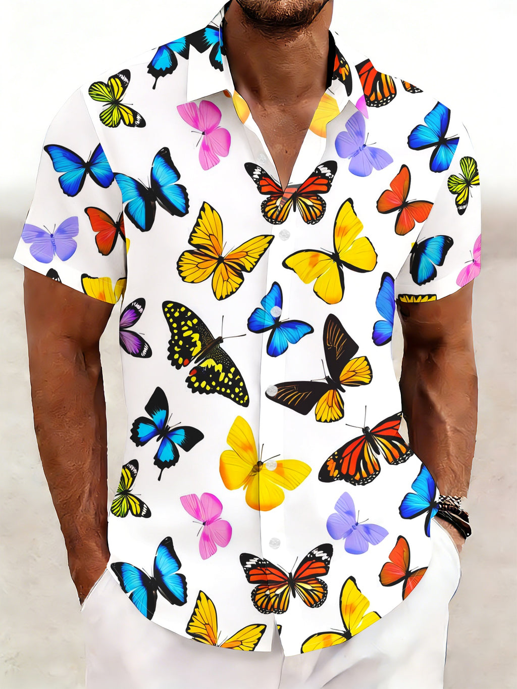 Men's Fashion Casual Short-Sleeve Shirt, New Summer Style with Colorful Butterfly Print, Trendy and Versatile for Daily Commuting