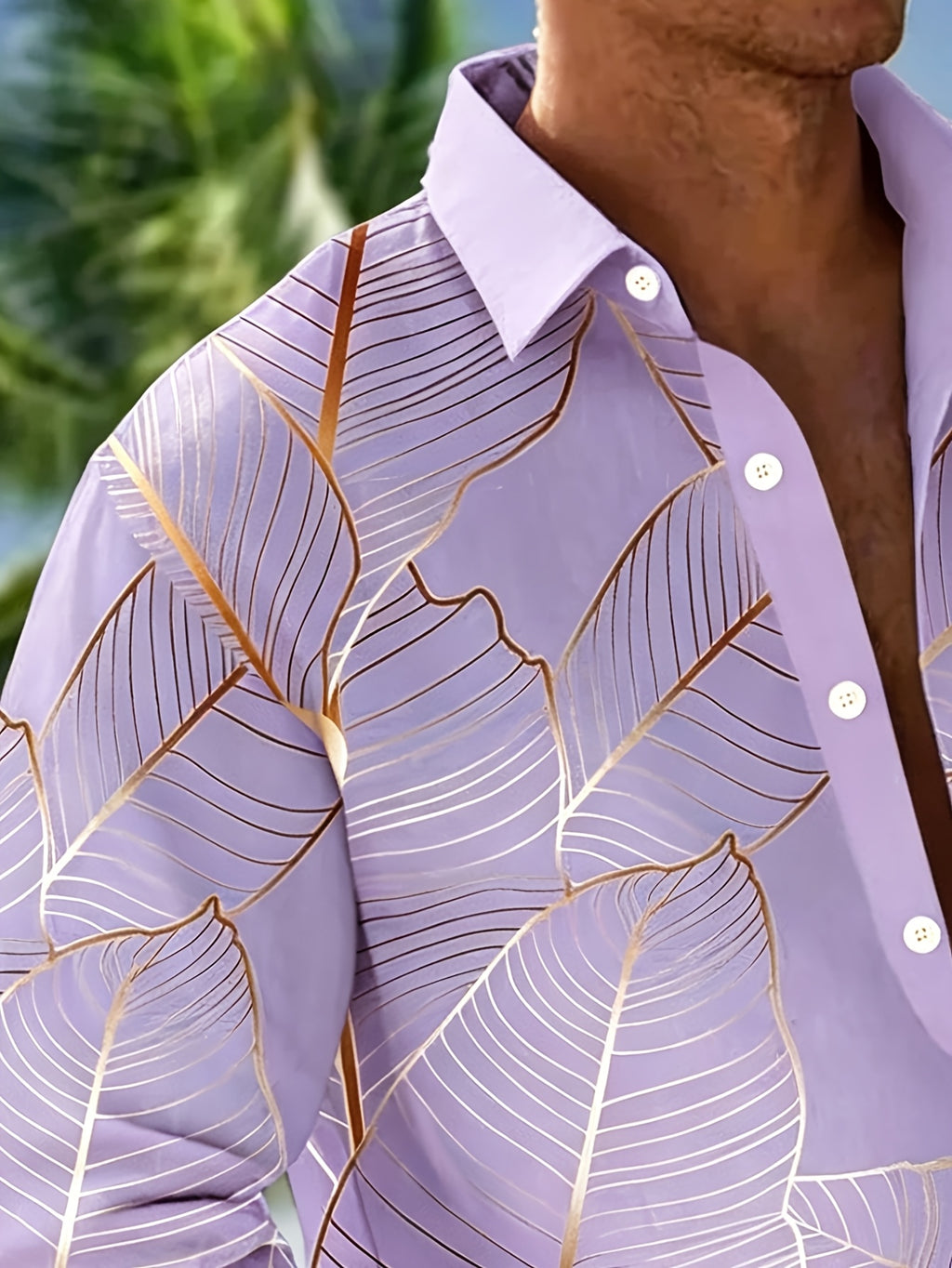 Hawaiian Botanical Leaf Gradient Print Men's Plus Size Button-Up Pocket Long Sleeve Shirt, PLUS SIZE